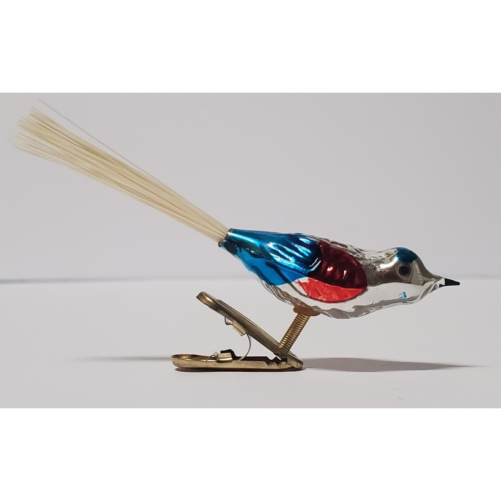 VTG German Christmas Ornament Bird on Clip Bristle Tail Mercury Glass Hand Paint